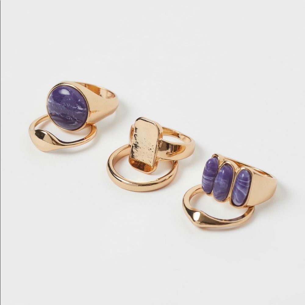 H&M GOLD & PURPLE SET OF 6 FASHION RINGS NEW M/L